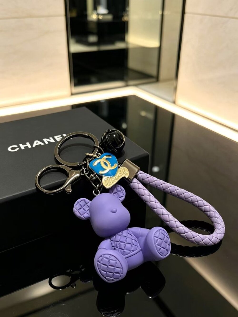 Chanel Purple Bear Bag Charm Keychain with Double C Heart Ornament